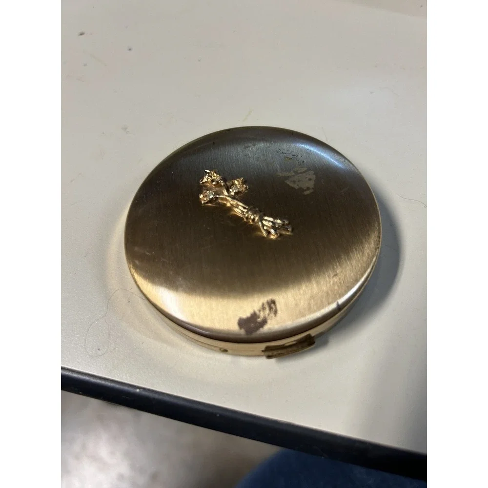 Volupte Compact Mirror Makeup Vintage Gold Brass Tone Rose Flower Design Vanity